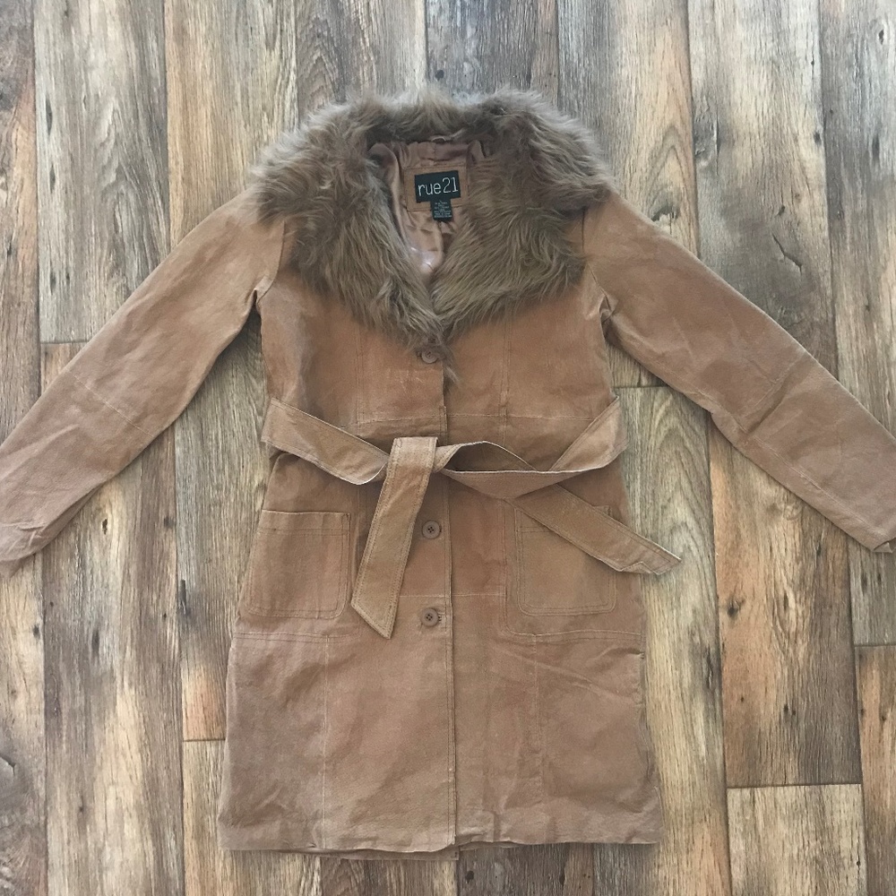 Rue21 Women Jacket Genuine Leather Faux Fur Brown - Picture 3 of 8